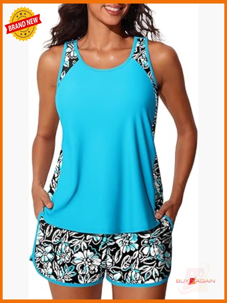Tummy Control Tankini Set With Swim Shorts & Pockets